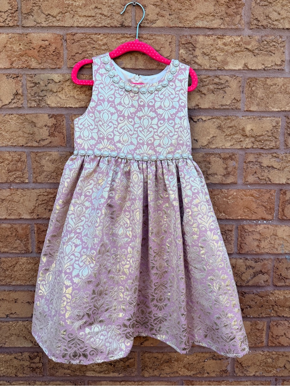 💫2/$25 • Couture Princess Pink and Gold Brocade Formal Dress with Jewel Neck
